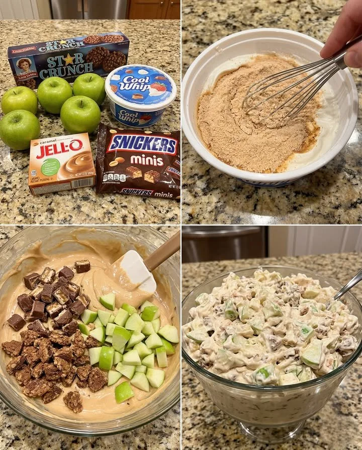 Delicious caramel apple fluff salad with Star Crunch treats and creamy toppings