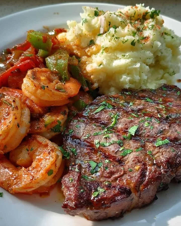Delicious Steak Cajun Shrimp served with creamy potatoes in a gourmet presentation