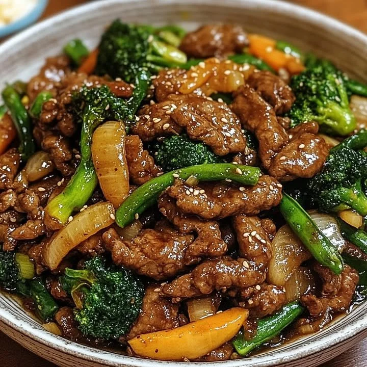 Sticky Asian ginger beef stir fry with colorful crisp veggies on a plate