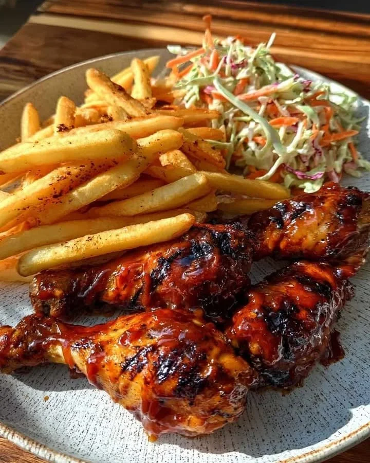 Delicious sticky BBQ chicken with crispy fries and fresh slaw on a plate