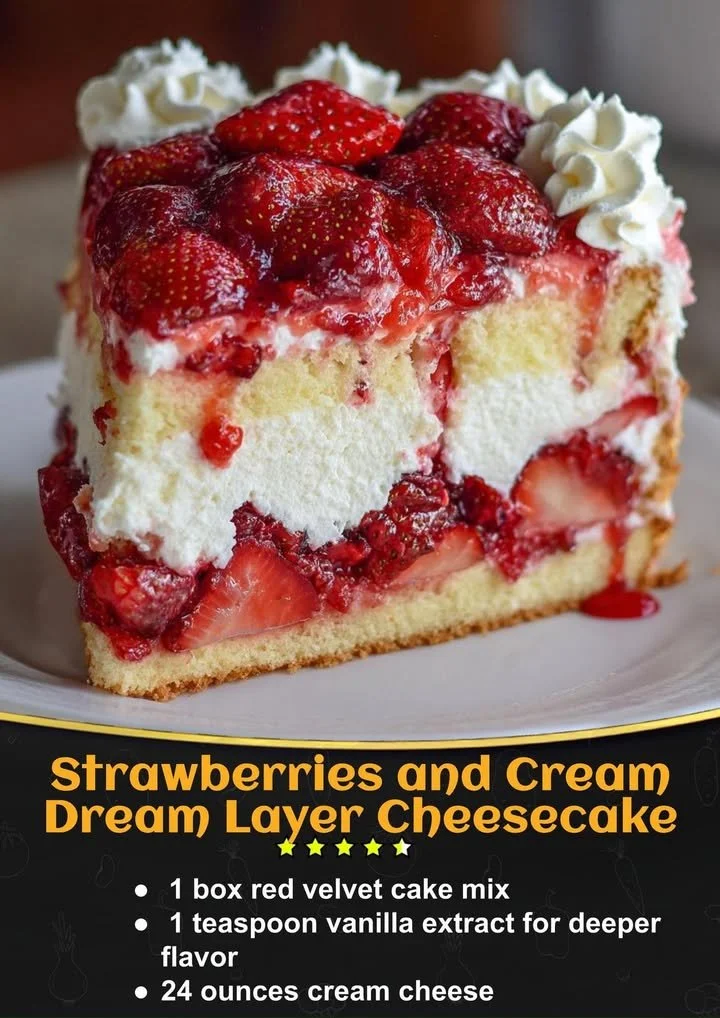 Strawberries and Cream Dream Layer Cheesecake Cake showcasing layers of creamy cheesecake and fresh strawberries.