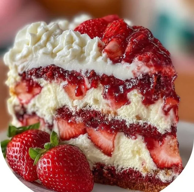 Strawberries and Cream Dream Layer Cheesecake Cake topped with fresh strawberries