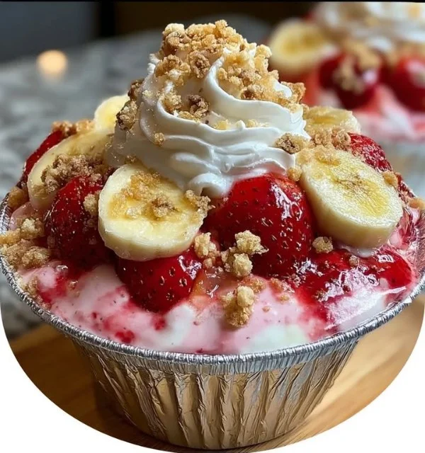 Strawberry cheesecake banana pudding in a glass with fresh strawberries on top