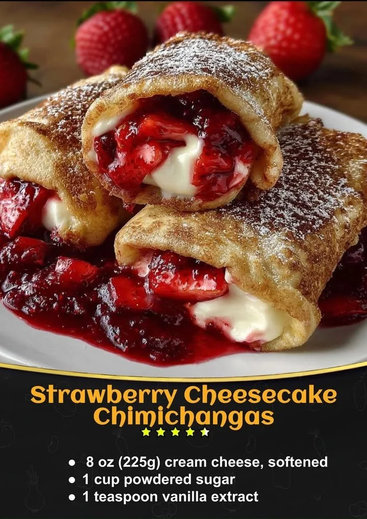 Delicious strawberry cheesecake chimichangas served with fresh strawberries.