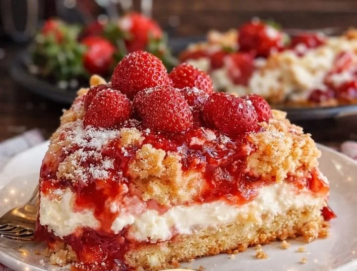 Delicious strawberry cheesecake dump cake served on a white plate.