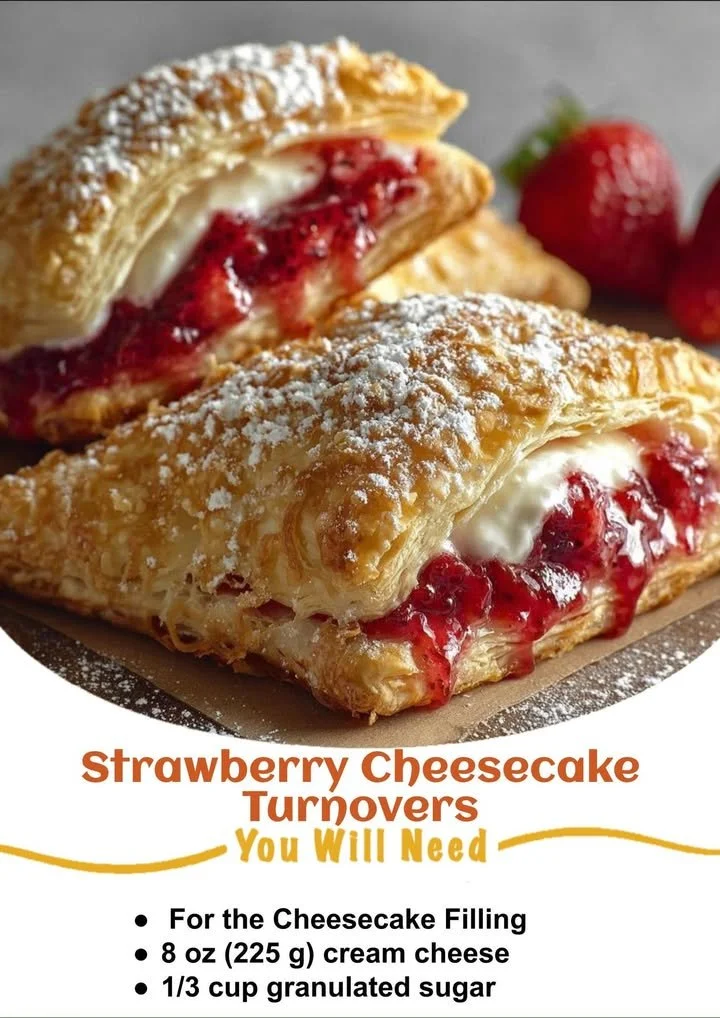 Homemade strawberry cheesecake turnovers on a wooden table