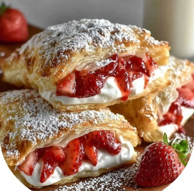 Delicious strawberry cheesecake turnovers on a plate, garnished with fresh strawberries.