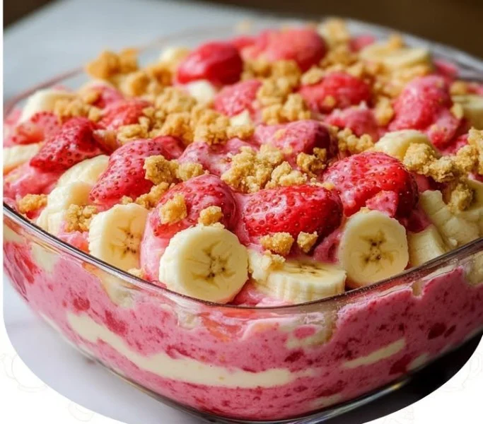 Strawberry Crunch Banana Pudding dessert with fresh strawberries and bananas