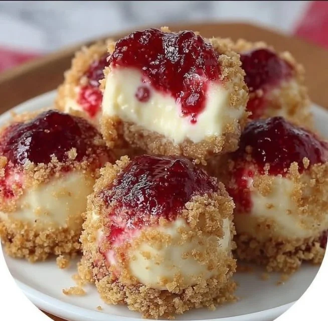 Strawberry Crunch Cheesecake Bites served on a plate