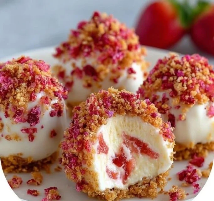 Delicious Strawberry Crunch Cheesecake Bites topped with crunch.