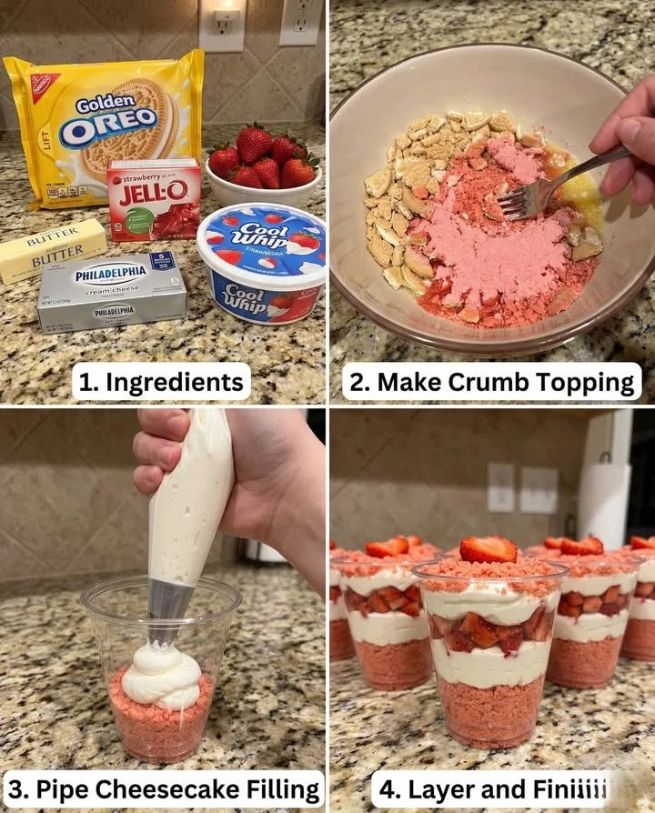 Strawberry Crunch Cheesecake Cups with whipped cream and fresh strawberries