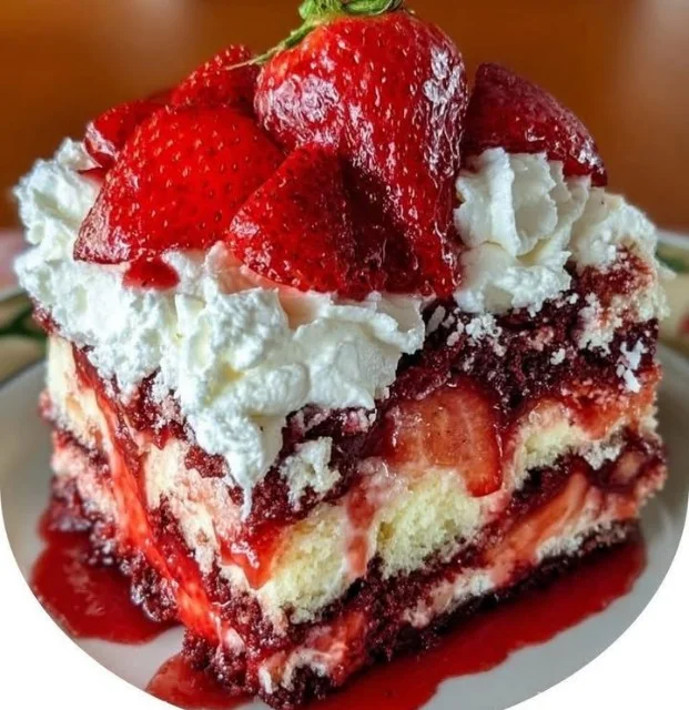 Delicious slice of Strawberry Earthquake Cake with fresh strawberries and cream