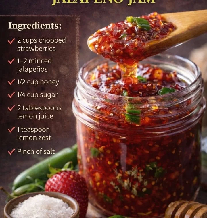 Strawberry-Honey Jalapeño Jam in a jar with fresh strawberries and jalapeños