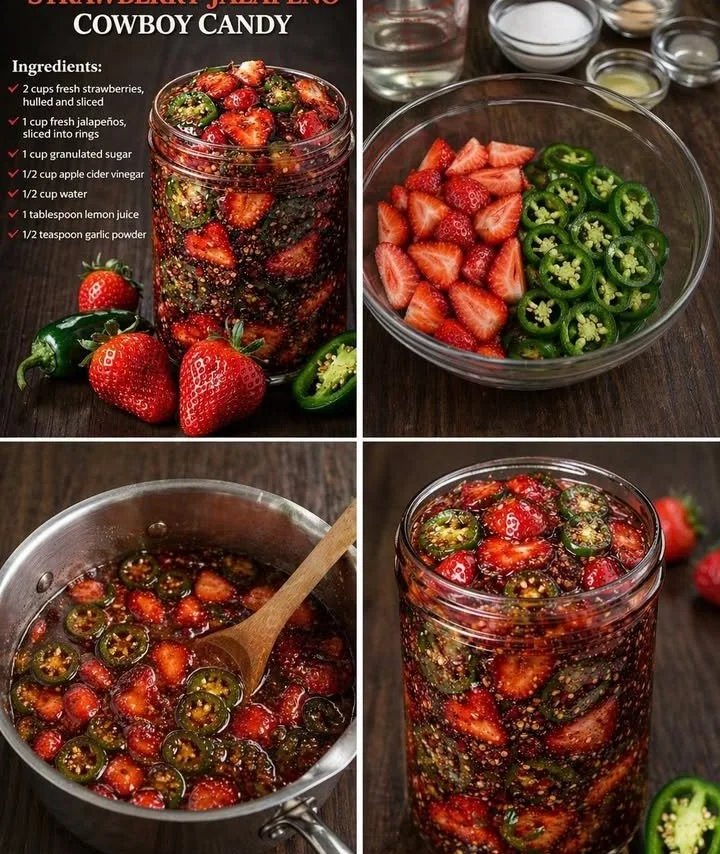 Strawberry Jalapeño Cowboy Candy in a jar, showcasing a sweet and spicy combination.
