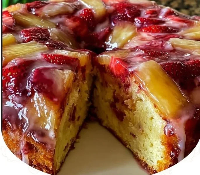 Slice of Strawberry Pineapple Pound Cake topped with fresh strawberries and pineapples