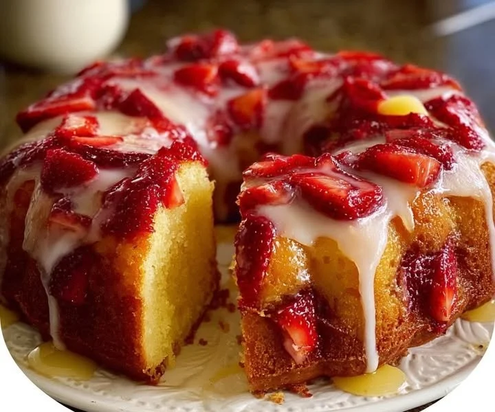 Delicious Strawberry Pineapple Pound Cake slices on a decorative plate.