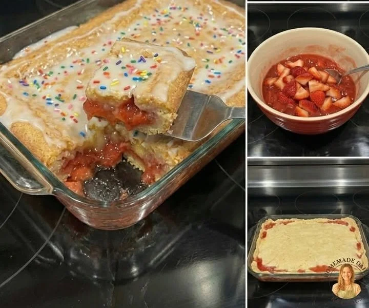 Delicious Strawberry Pop-Tart Cobbler dessert served warm with strawberries.
