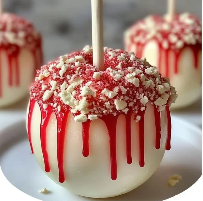Strawberry shortcake candy apples with fresh strawberries and whipped cream toppings.