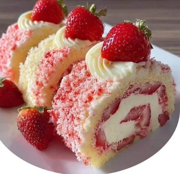 Strawberry shortcake cheesecake rolls plated with strawberries on the side