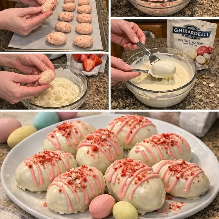 Easter cheesecake eggs decorated with strawberry shortcake flavor