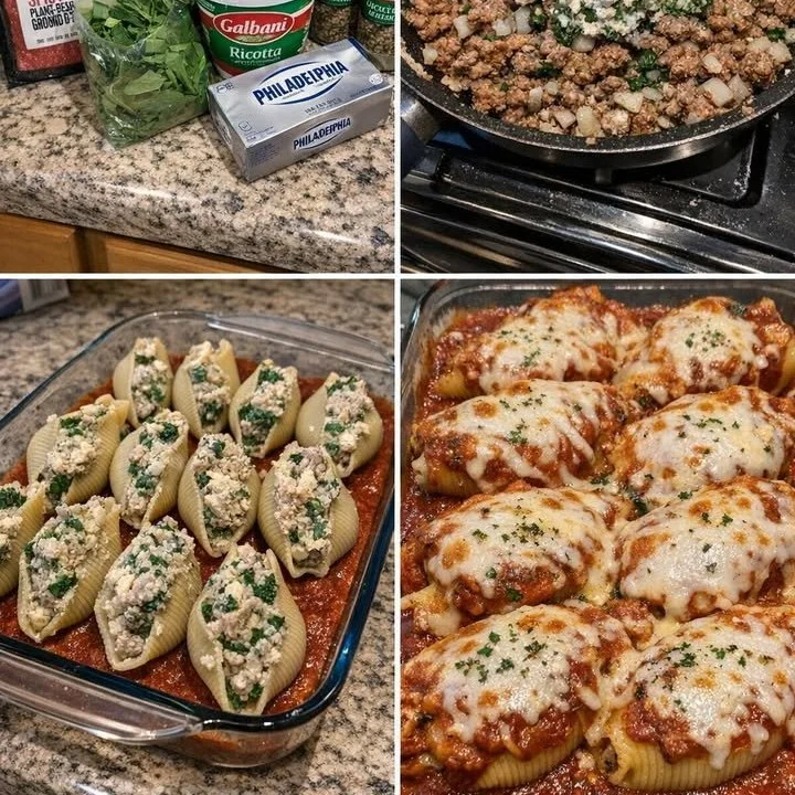 Delicious plate of stuffed jumbo shells topped with marinara sauce and cheese