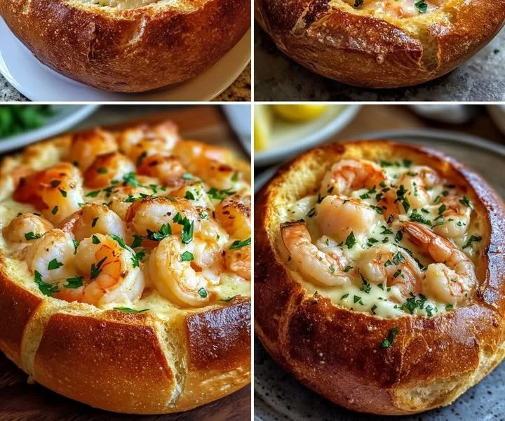 Stuffed seafood shrimp bread bowl filled with savory seafood mixture