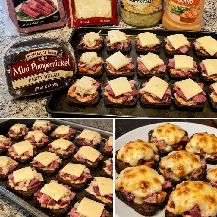 Delicious Superbowl Reuben sandwich stacked with corned beef, sauerkraut, and Swiss cheese.