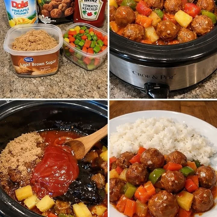 Sweet and sour meatballs served on a plate with sauce and garnish.