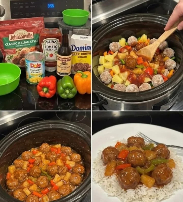 Sweet and sour meatballs cooked in a crockpot, served with sauce.