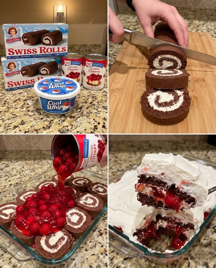 Delicious Swiss Roll Cherry Dump Cake served on a plate with cherries on top.