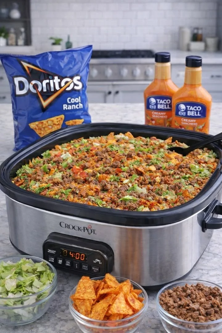 Delicious Taco Crock-Pot Casserole topped with cheese and garnished with fresh cilantro.