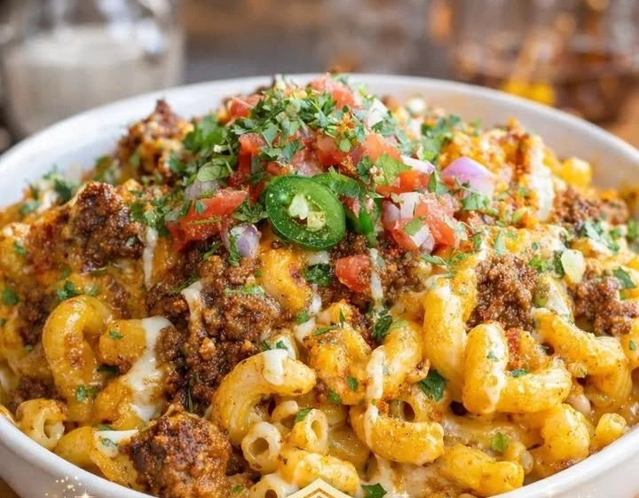 A bowl of Taco Mac and Cheese topped with cheese and taco ingredients.