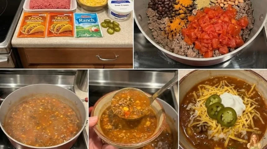 Bowl of hearty taco soup with toppings of cheese, avocado, and cilantro.