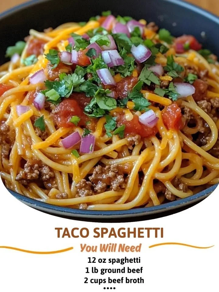 Delicious Taco Spaghetti with ground beef, noodles, and taco toppings