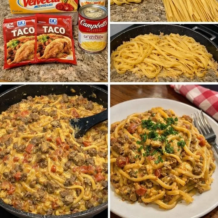 Plate of Taco Spaghetti topped with cheese and garnished with cilantro