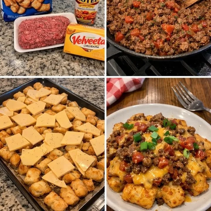 Delicious Tater Tot Casserole served hot with golden crispy tater tots on top.