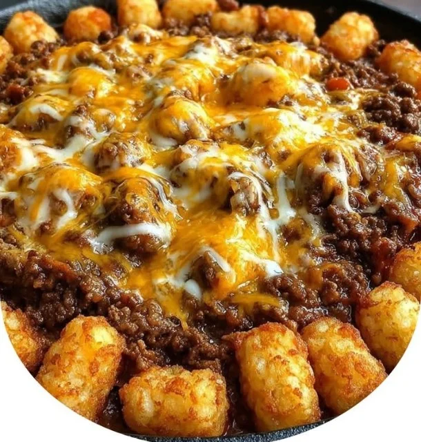Delicious Tater Tot Sloppy Joe Skillet cooked with savory ground beef and crispy tater tots