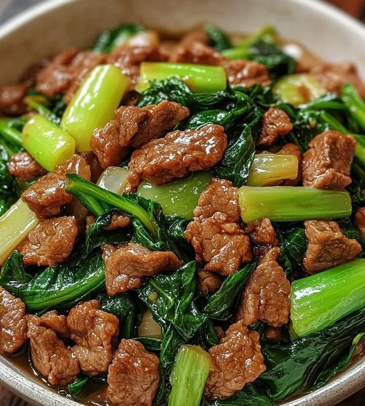 Delicious bok choy stir-fried beef served in a vibrant dish