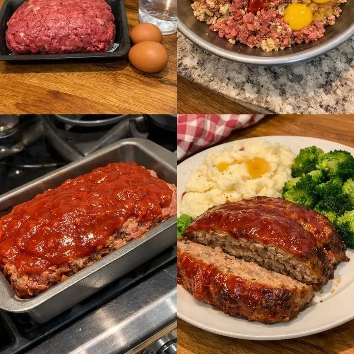 Delicious homemade meatloaf served with mashed potatoes and gravy.