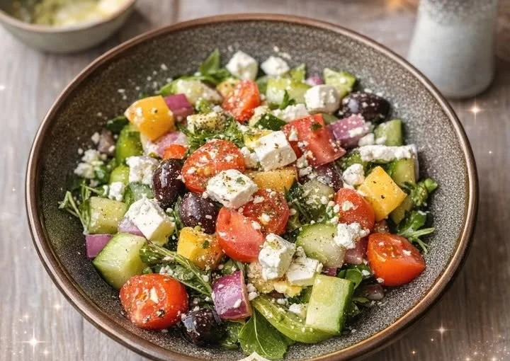 A vibrant bowl of the perfect Greek salad with fresh ingredients and colorful toppings.