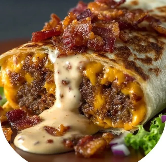 Delicious bacon cheeseburger burrito with fresh ingredients wrapped in a tortilla