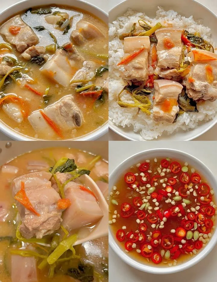 A bowl of thick and hearty Sinigang, a traditional Filipino sour soup with vegetables.