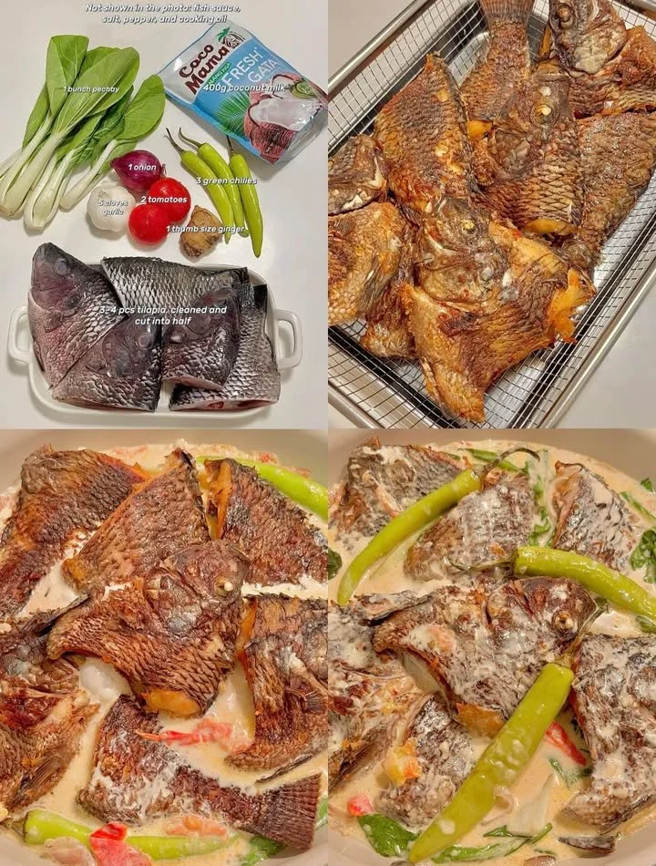 Delicious Tilapia in Coconut Milk served with mustard greens and spices.