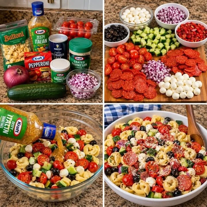 Colorful tortellini salad with fresh vegetables and dressing