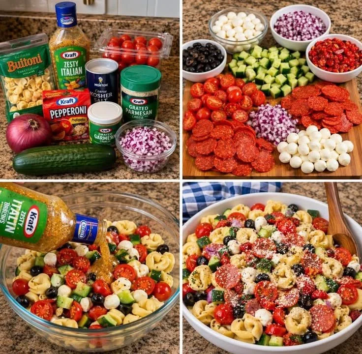 Delicious tortellini pasta salad with fresh vegetables and dressing