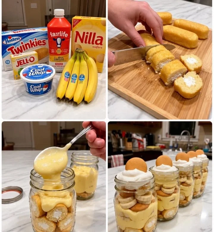 Twinkie Banana Pudding Cups served in dessert dishes