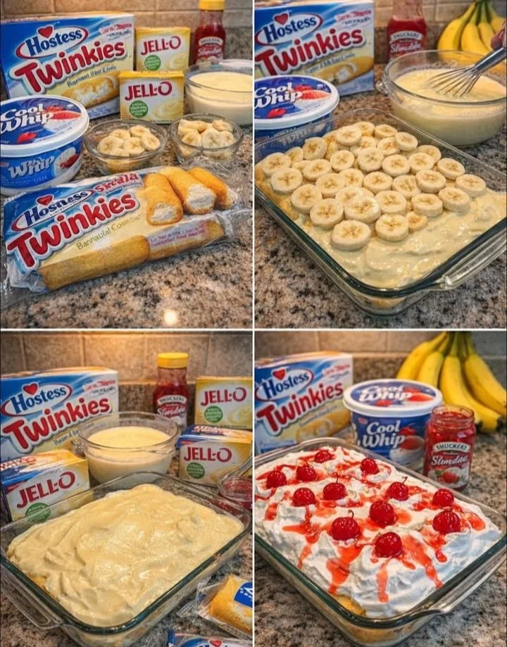 Twinkie Banana Split Cake topped with chocolate and fruits