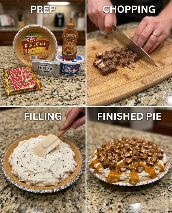 Twix Caramel No-Bake Pie topped with chocolate and whipped cream