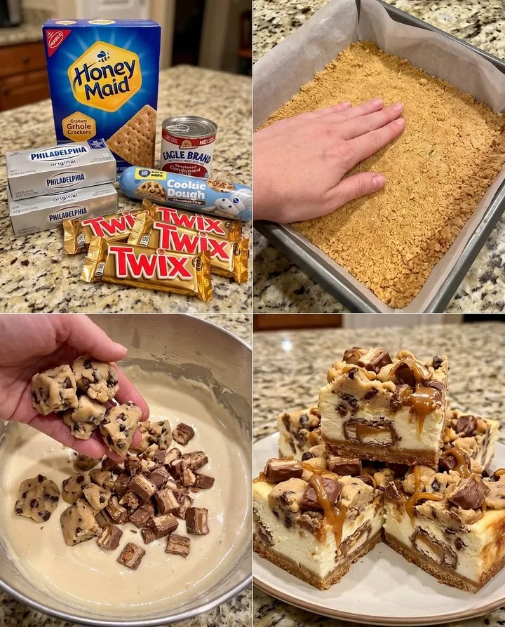 Delicious Twix Cookie Dough Cheesecake Bars showcasing creamy layers and chocolate topping.