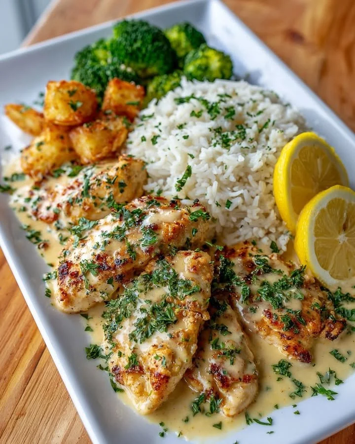 Creamy lemon garlic chicken served with rice and vegetables on a plate